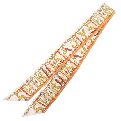 Herms Twilly Alphabet 3 Forest Animal Silk Orange Scarf Muffler 0098 Hermes