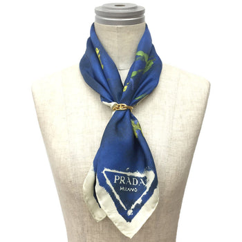 Prada Floral Scarf Muffler 1Ff004 Silk Blue