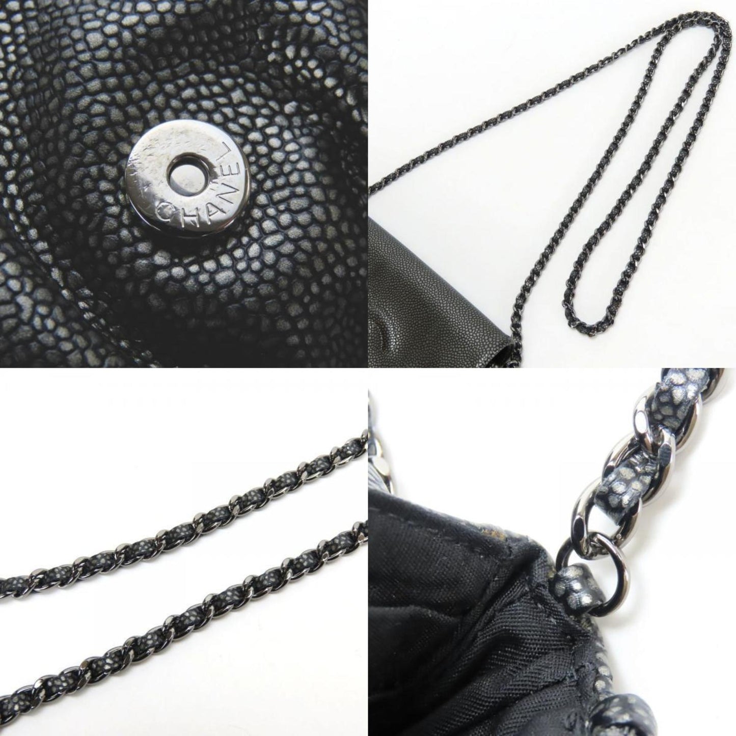 Chanel Half Moon Chain Wallet Shoulder Bag In Metallic Soft Caviar Leather With Silver Coco Mark