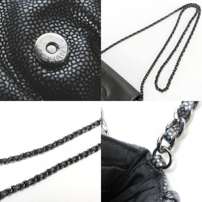 Chanel Half Moon Chain Wallet Shoulder Bag In Metallic Soft Caviar Leather With Silver Coco Mark