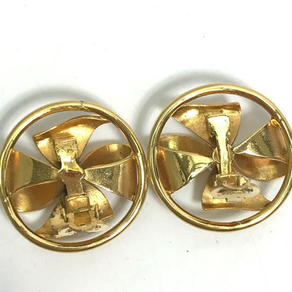 Chanel Vintage Faux Pearl Ribbon Round Cc Coco Mark Earrings In Metal