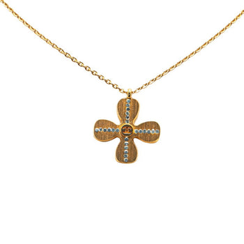 Chanel Clover Motif Rhinestone Coco Mark Necklace Gold Plated