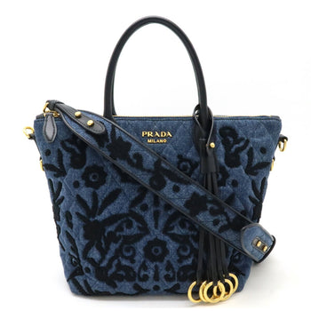 Prada Prada Corsaire Handbag Shoulder Bag Embroidery Quilted Denim Leather Bleu Blue Purchased At