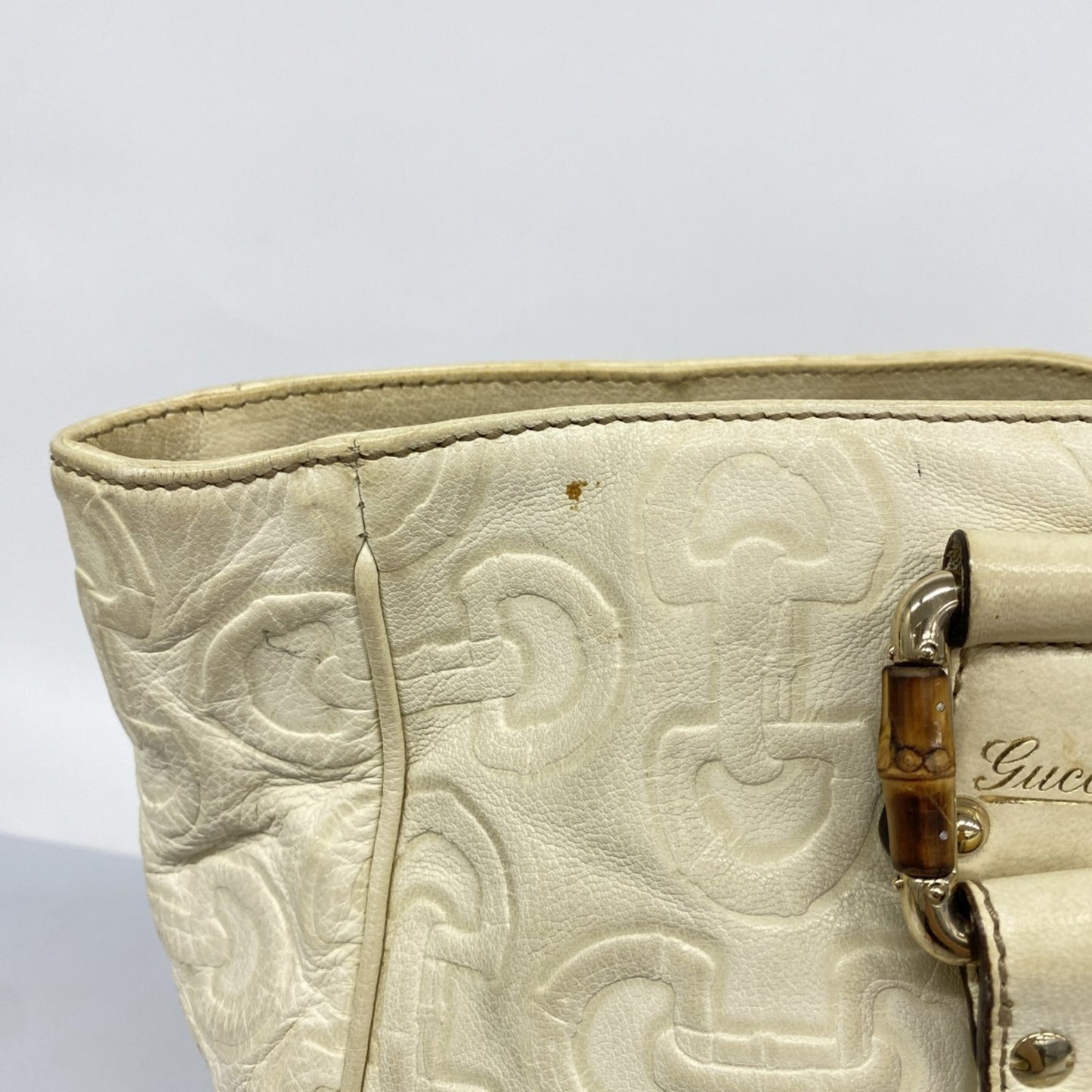 Gucci Bamboo Horsebit Handbag 154375 Leather Ivory Champagne
