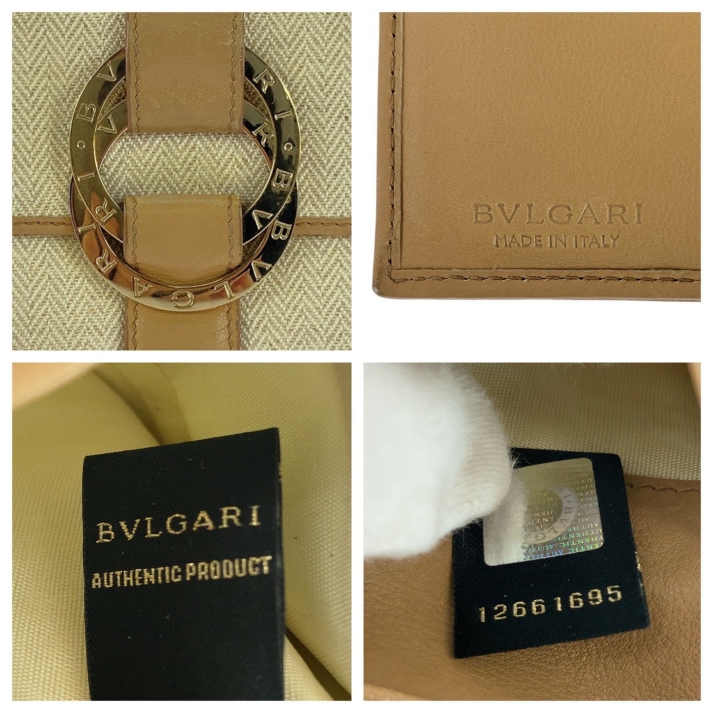 Bvlgari Chandra Beige Tweed/Leather Compact Folding Wallet (12661695) With Gold Hardware
