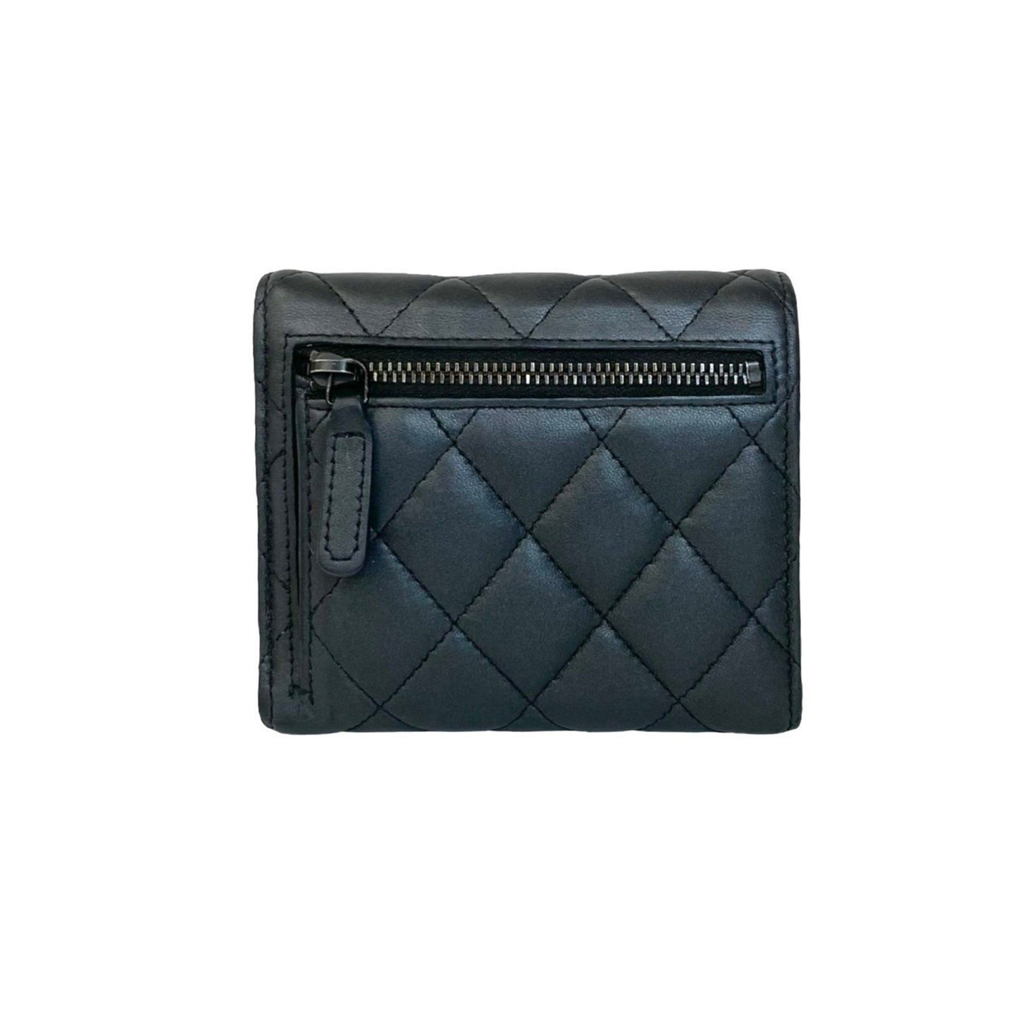 Chanel Matelasse Coco Mark Lambskin Leather Tri-Fold Wallet In Metallic Black 95841