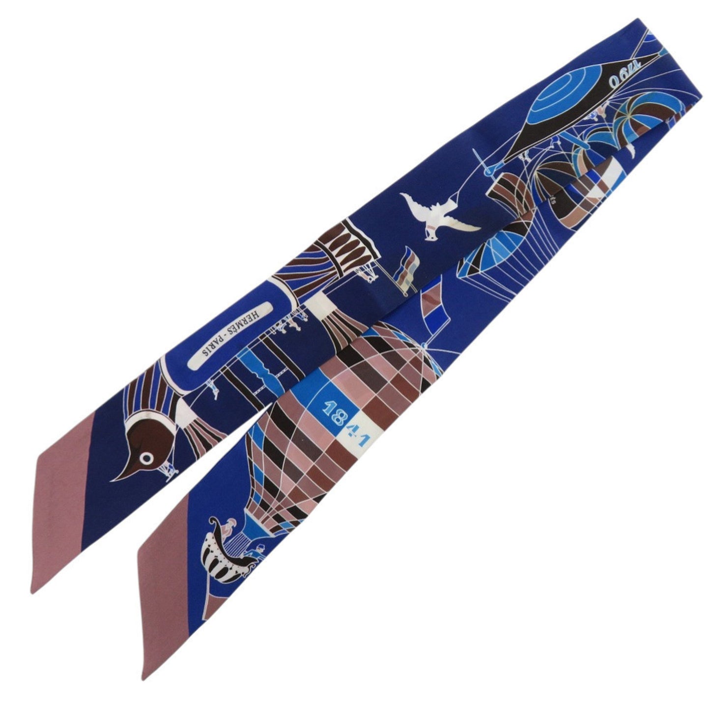 Herms Twilly "Madness Of The Sky" Silk Marine Marron Glac White Multicolor Scarf Muffler 0212 Hermes