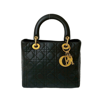 Christian Dior Lady Cannage Stitched Leather Handbag/Mini Tote Bag In Black