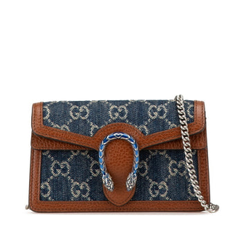 Gucci Gg Denim Dionysus Super Mini Bag Crossbody Chain Shoulder 476432 Indigo Blue Brown Leather