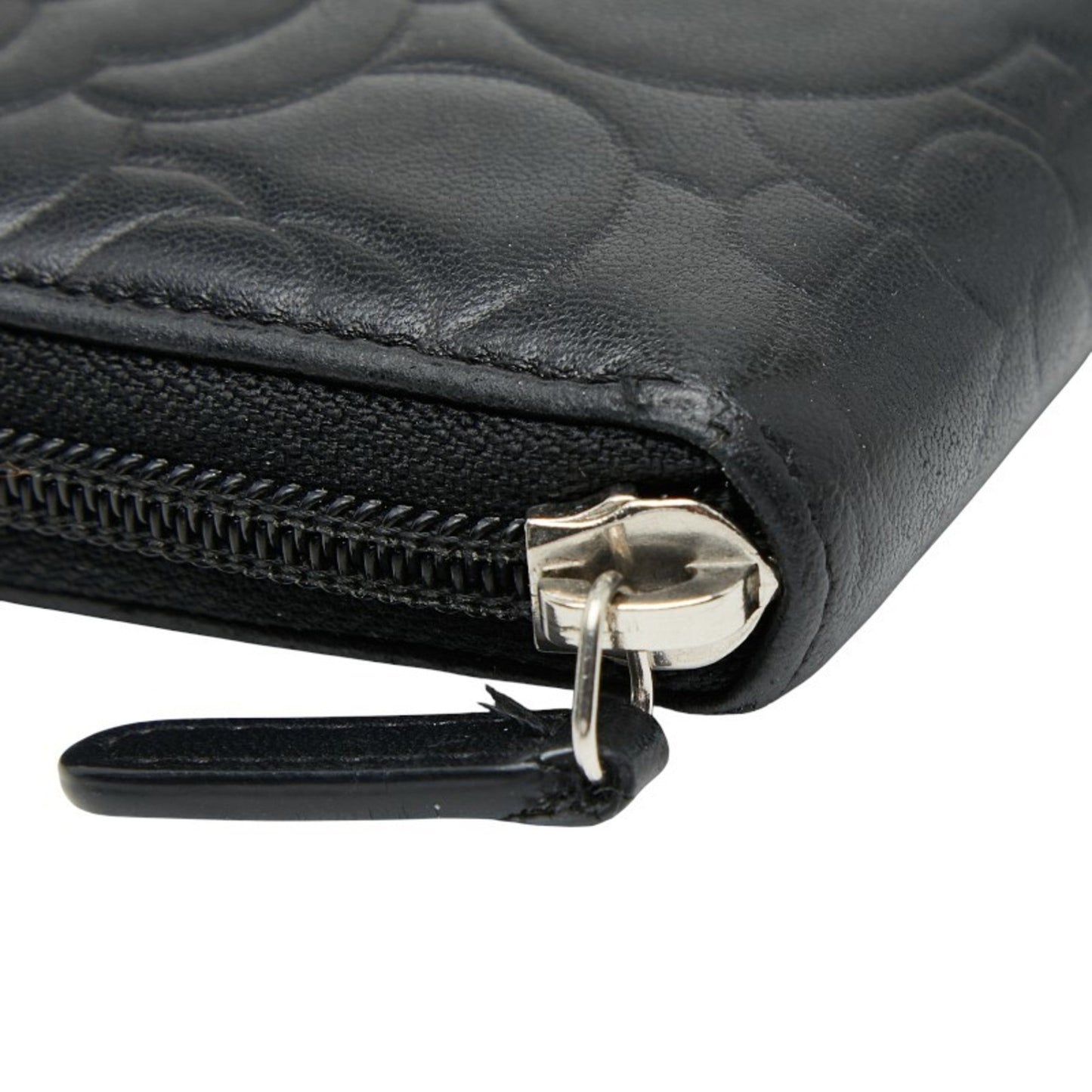 Chanel Coco Mark Camellia Round Zip Long Wallet In Black Lambskin