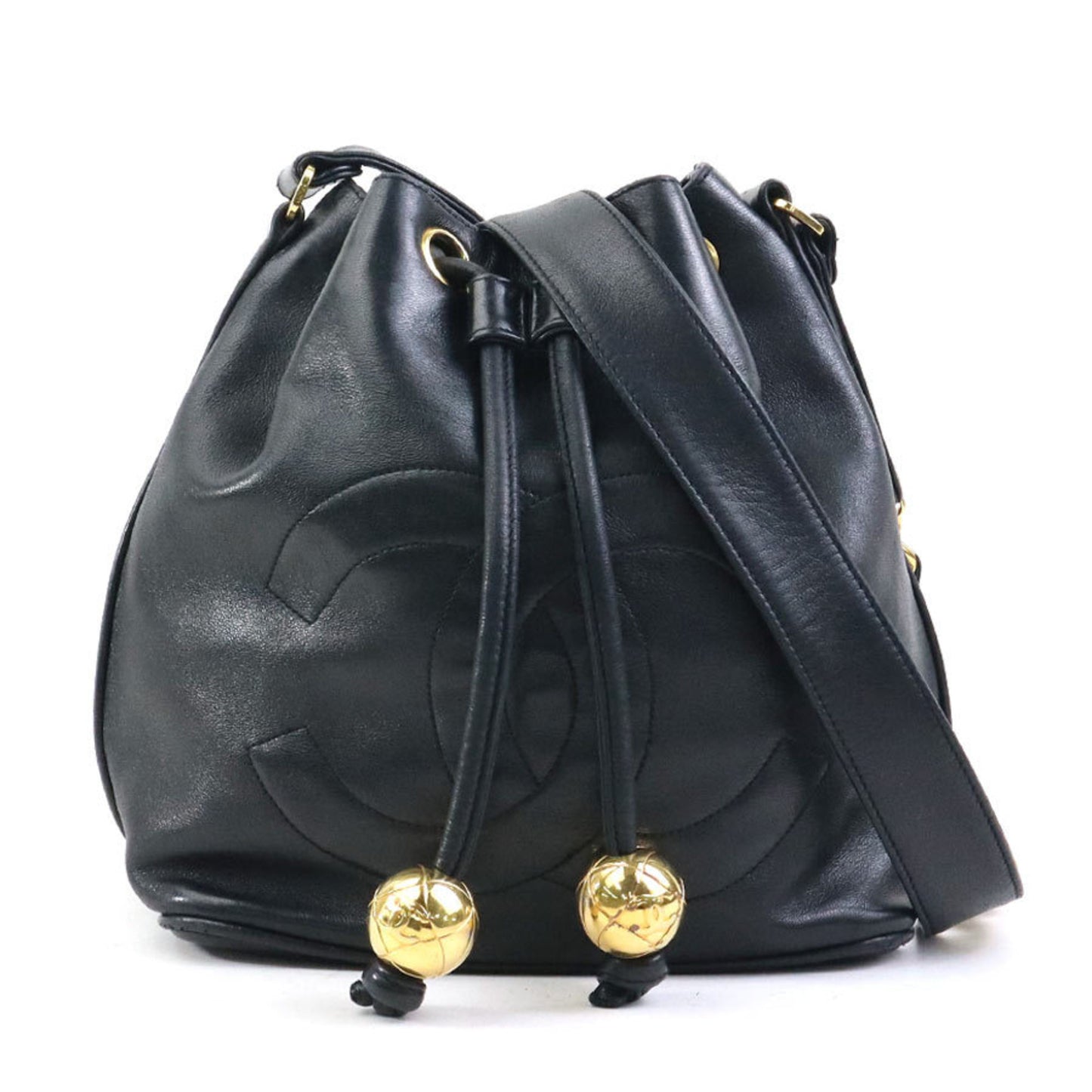 Chanel Shoulder Bag Leather Metal Black Gold