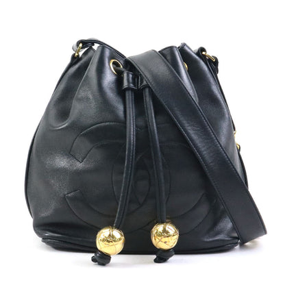 Chanel Shoulder Bag Leather Metal Black Gold