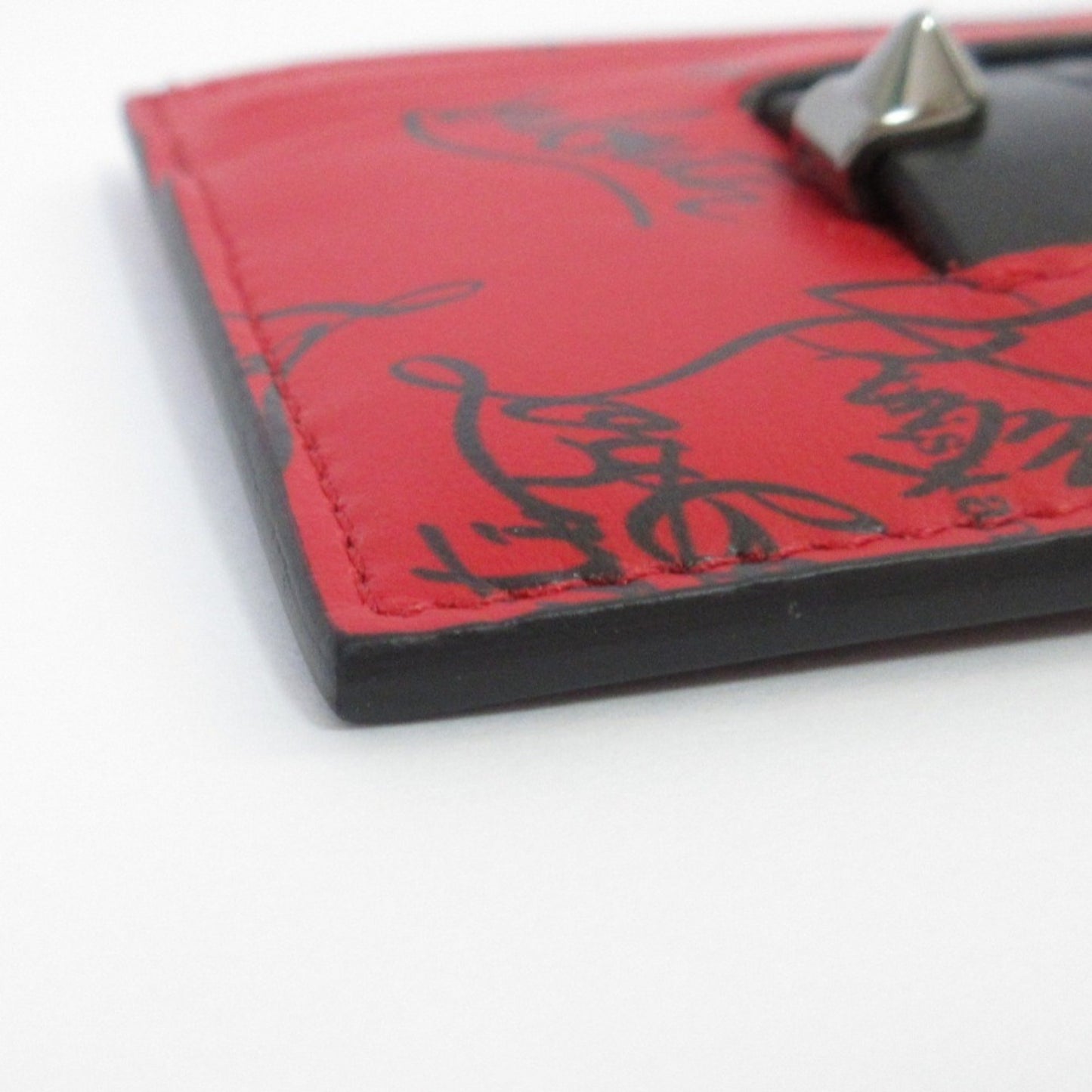 Christian Louboutin Logo Design Studded Business Card Holder/Card Case Red X Black Silver Hardware