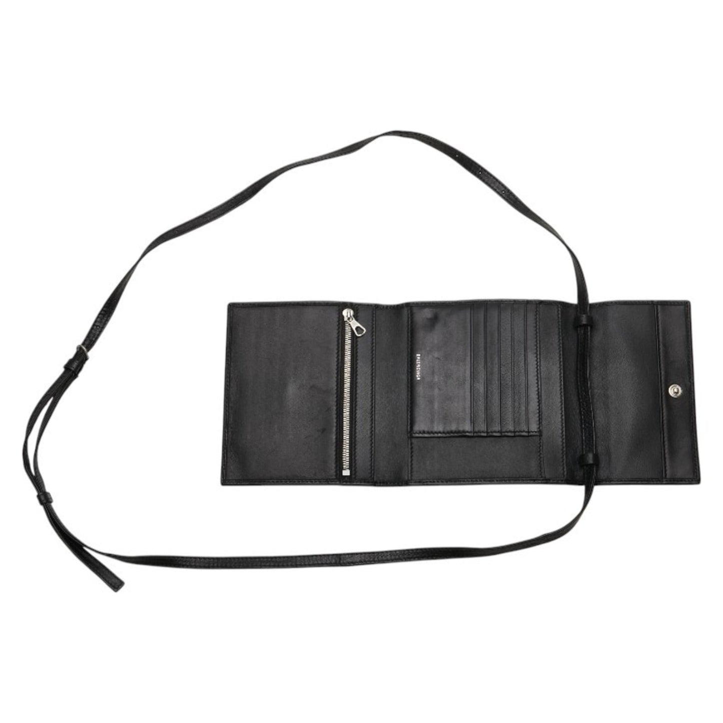 Balenciaga B Logo Trifold Shoulder Wallet 580037 Black Leather