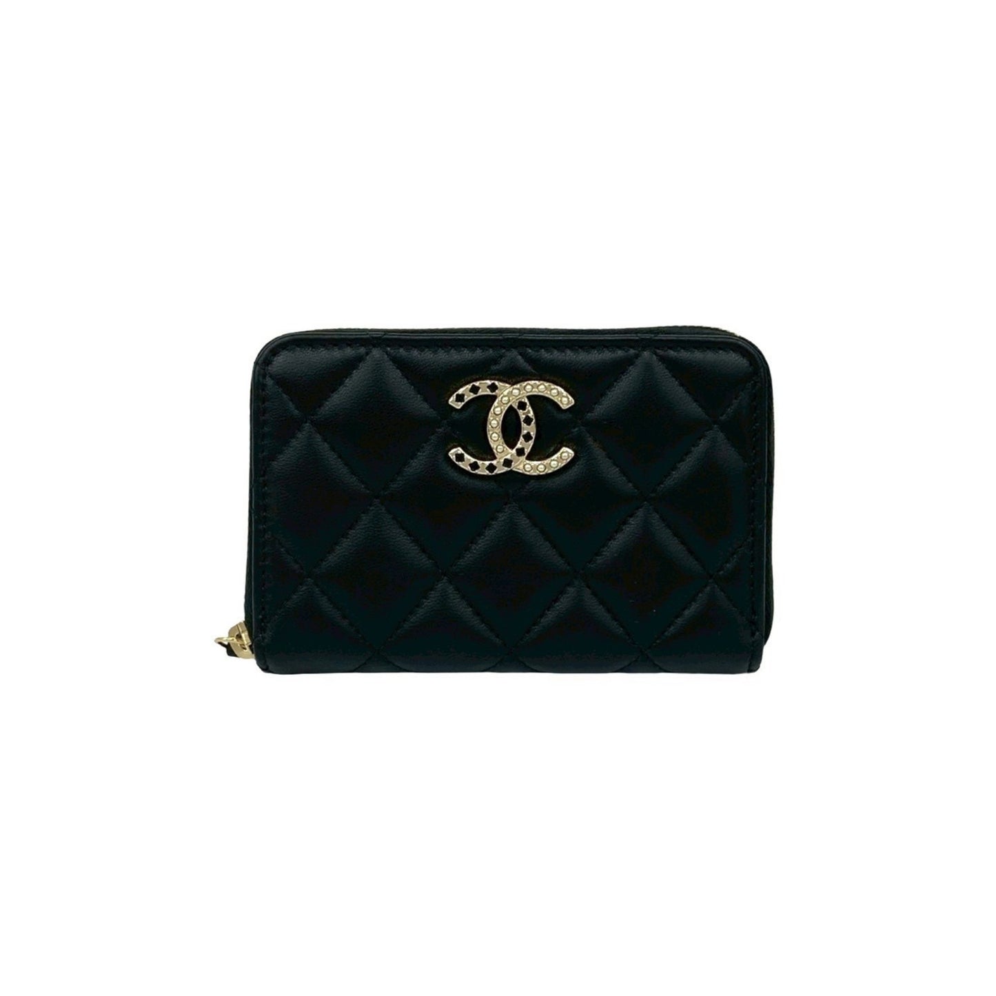 Unused Chanel Matelasse Coco Mark Rhinestone Lambskin Coin Case Wallet Black 21588