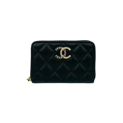 Unused Chanel Matelasse Coco Mark Rhinestone Lambskin Coin Case Wallet Black 21588