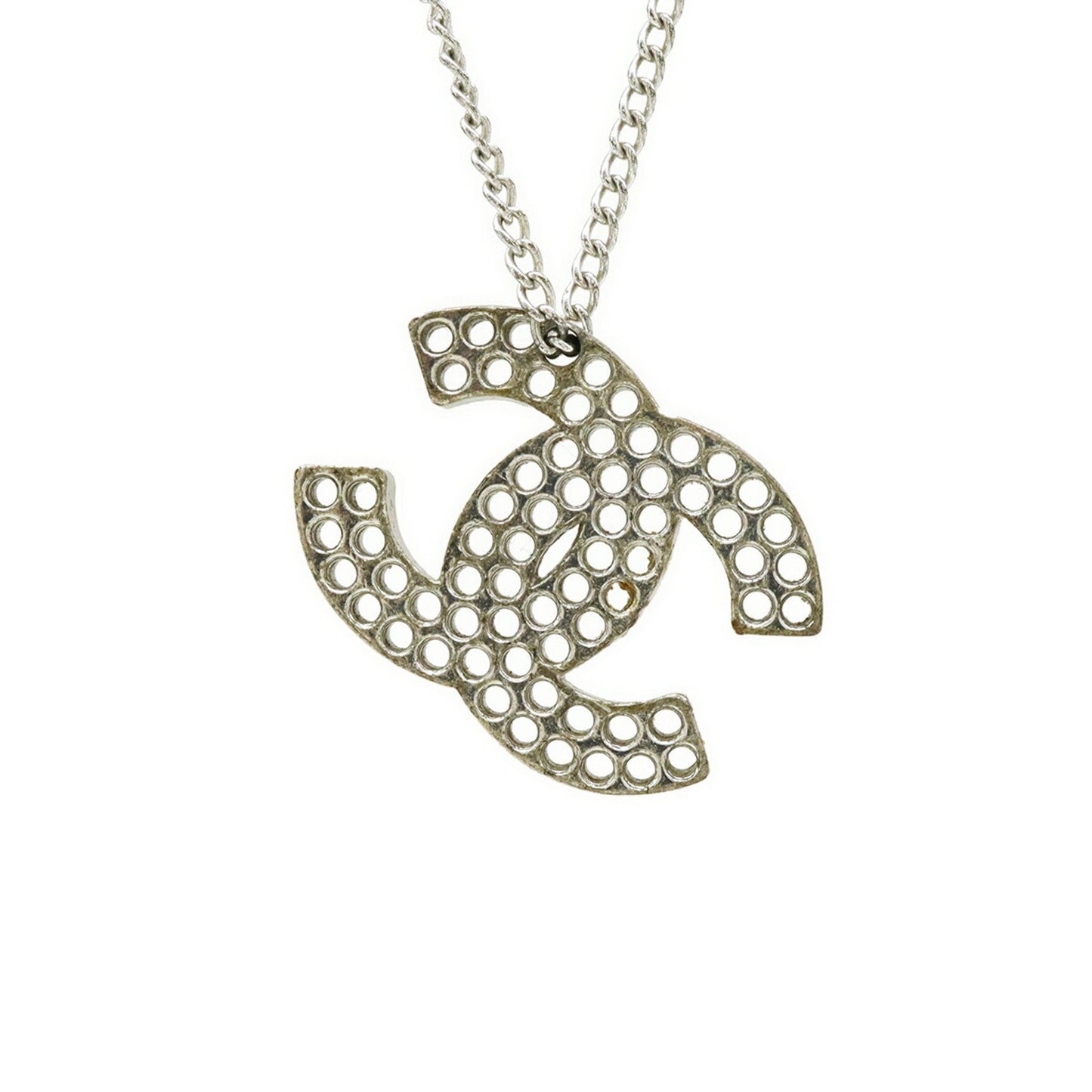 Chanel Coco Mark Punching Necklace Pendant Metal Silver 03 P