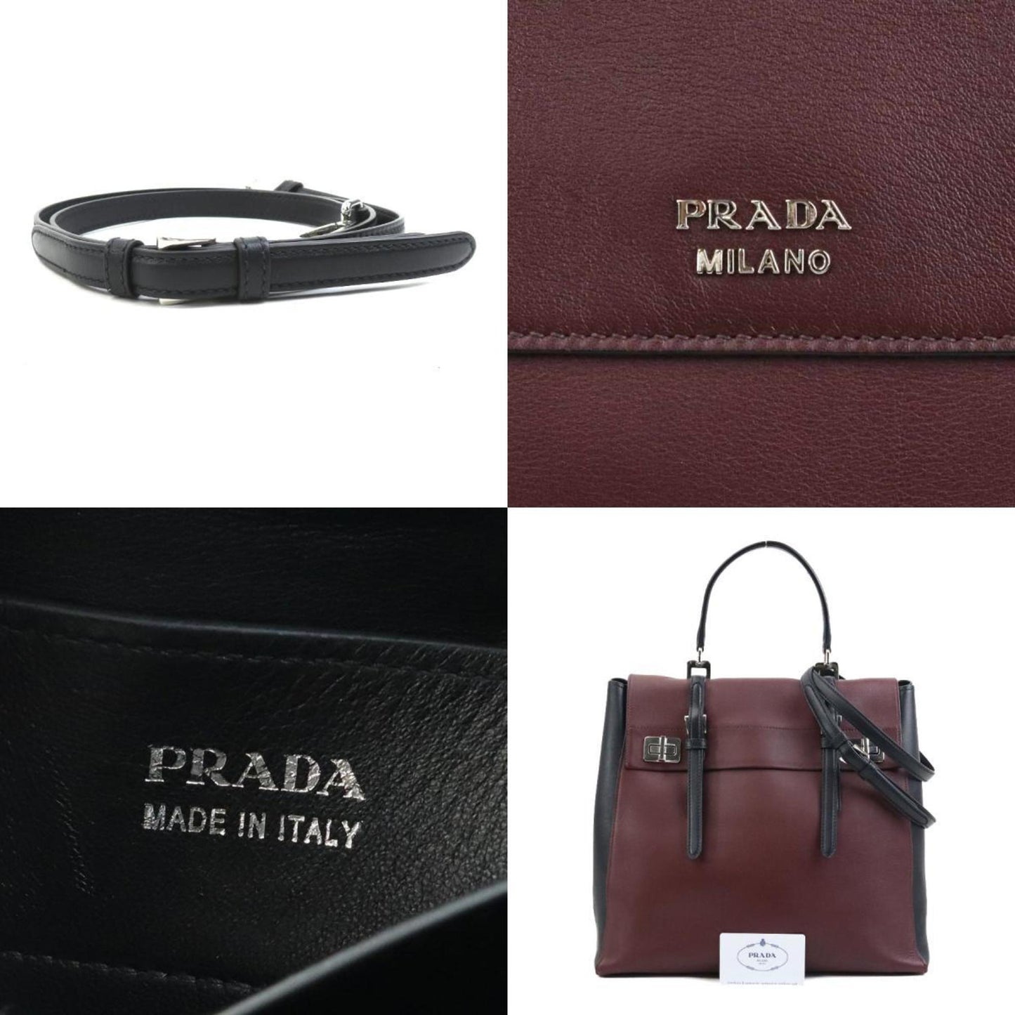 Prada Handbag Shoulder Bag Leather Burgundy Black Silver