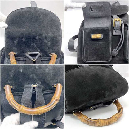 Gucci Backpack F-23291 Black Bamboo 003 2058 0016 Suede Leather Gucci Rucksack Flap