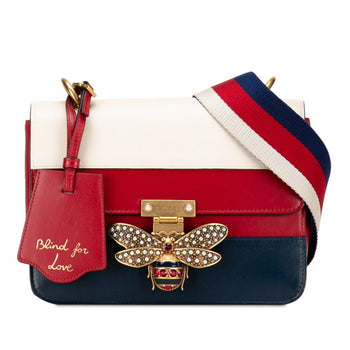 Gucci Queen Margaret Bee Tricolor Shoulder Bag 476542 White Red Navy Leather