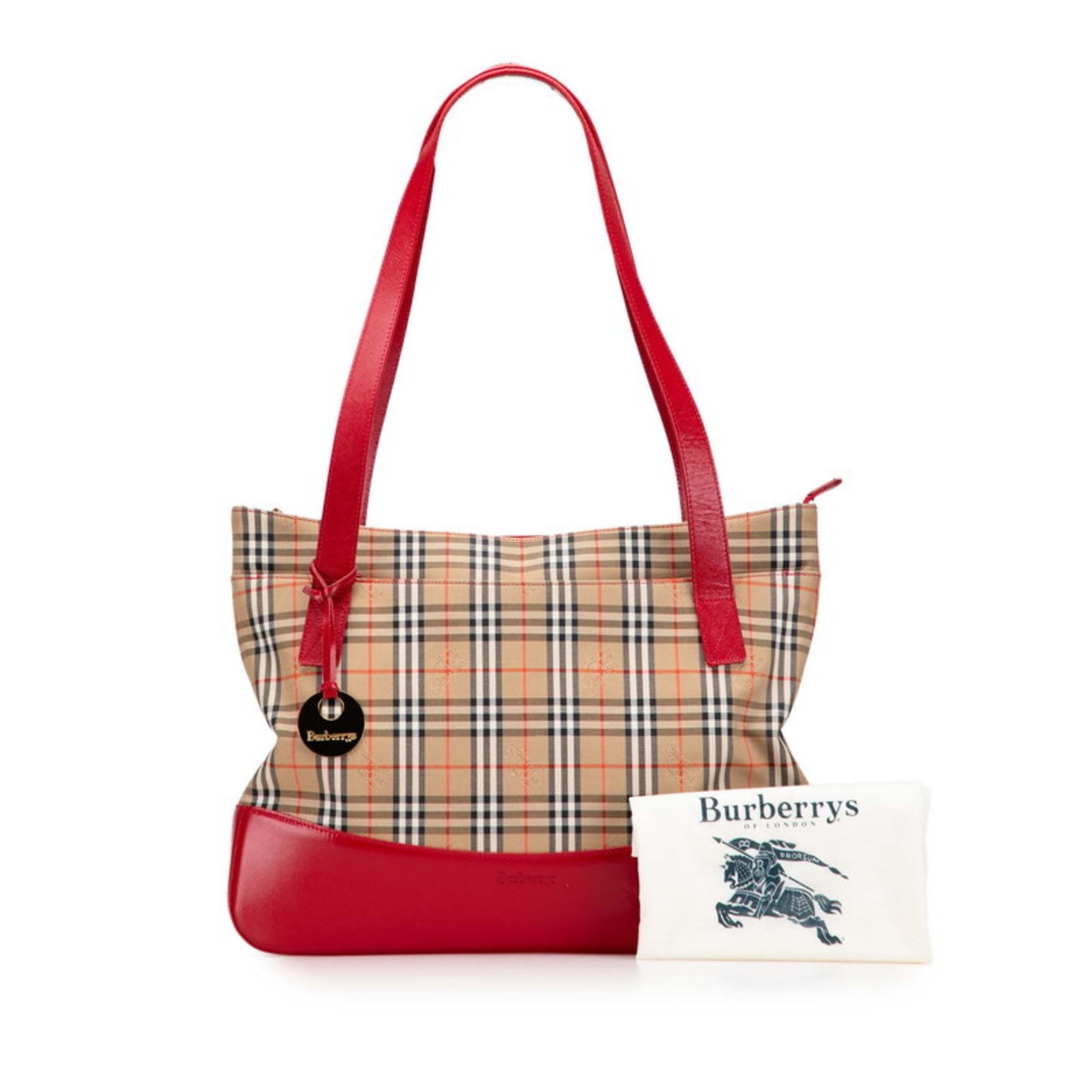 Burberry Nova Check Shadow Horse Handbag Tote Bag Beige Red Canvas Leather