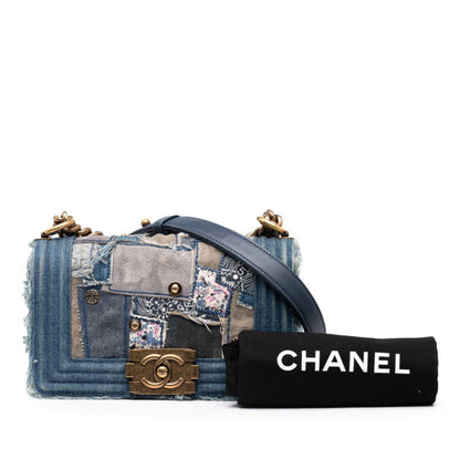 Chanel Boy Chanel Patchwork Chain Shoulder Bag Blue Gold Denim