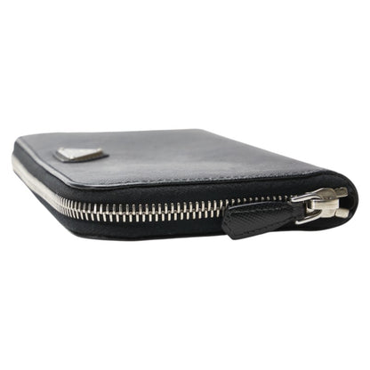 Prada Triangle Logo Plate Long Wallet Round Zipper Black Leather