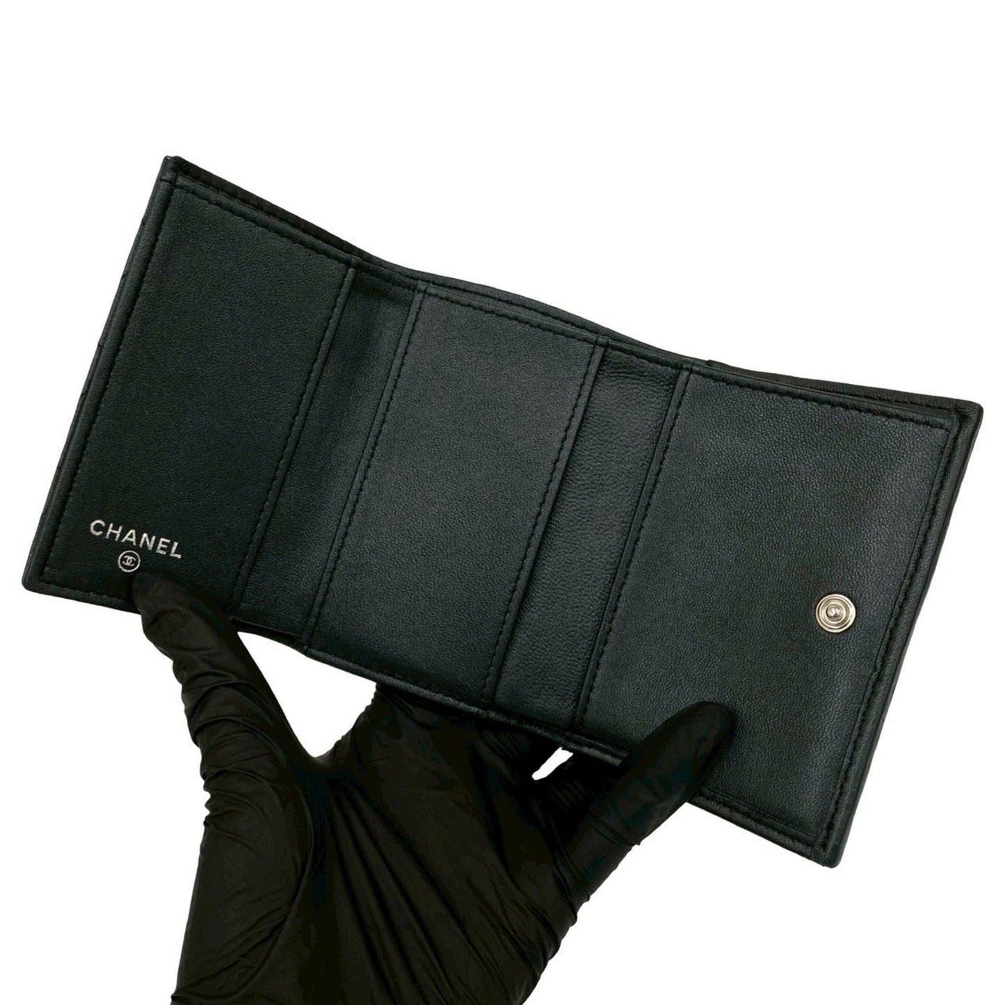 Chanel Matelasse Coco Lambskin Leather Tri-Fold Wallet In Metallic Black E2140