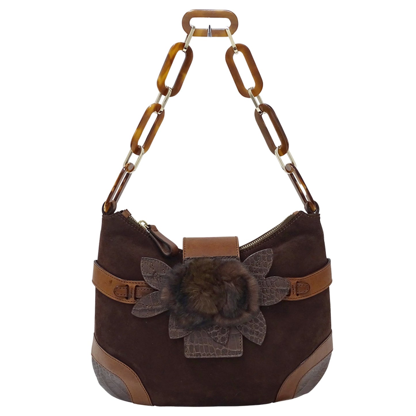 Valentino Garavani Women'S Suede And Fur Shoulder Bag With Brown Plastic Chain