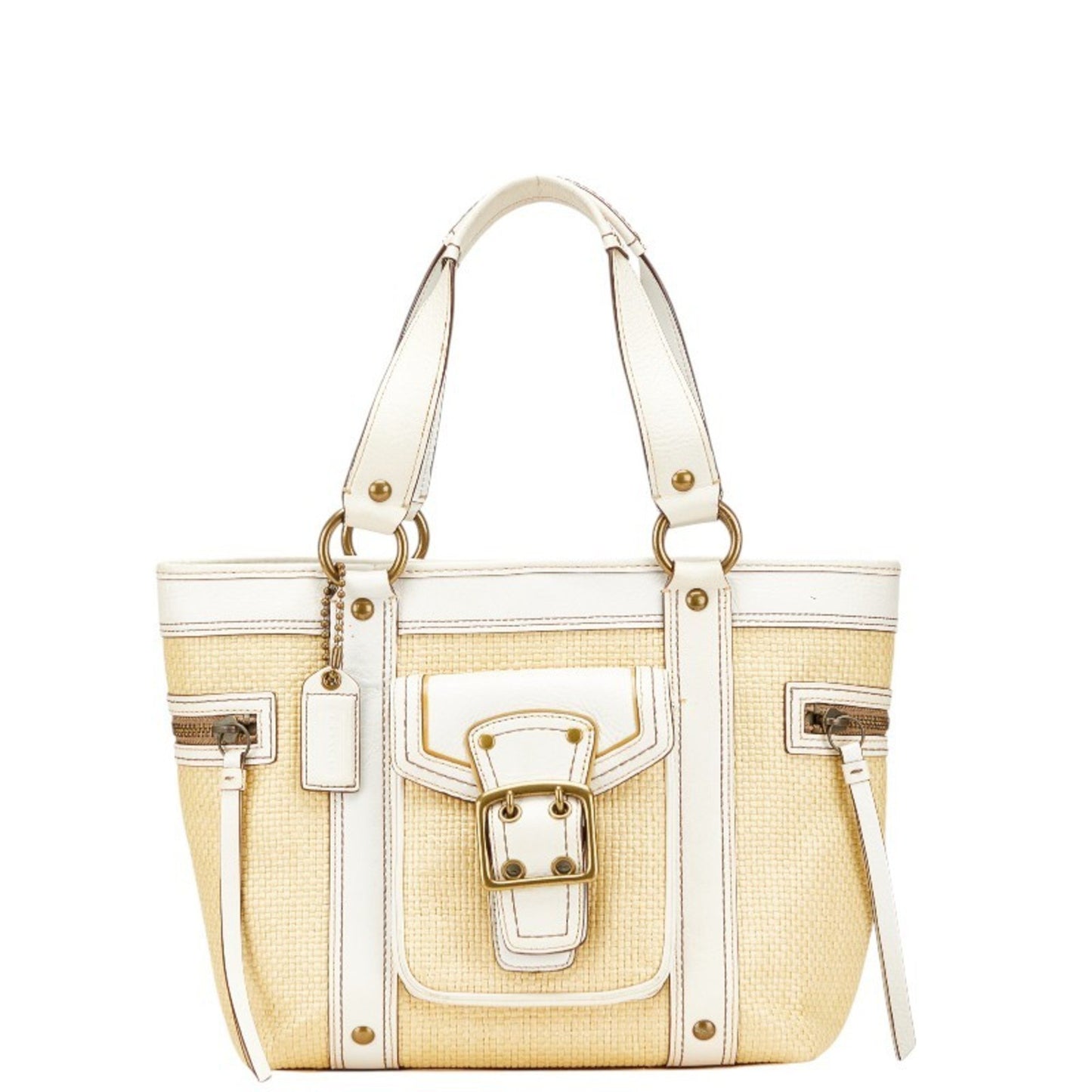 Coach Basket Bag Tote M05K-113 Beige White Straw Leather