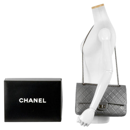 Chanel Matelasse Double Flap Chain Shoulder Bag Leather 2.55 Grey