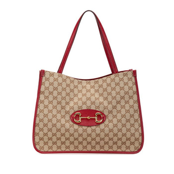 Gucci Gg Canvas Horsebit Tote Bag Shoulder 623694 Beige Red Leather