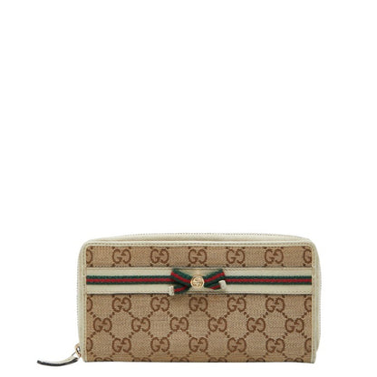 Gucci Gg Canvas Sherry Line Ribbon Round Zip Long Wallet 257003 Beige Multicolor Leather