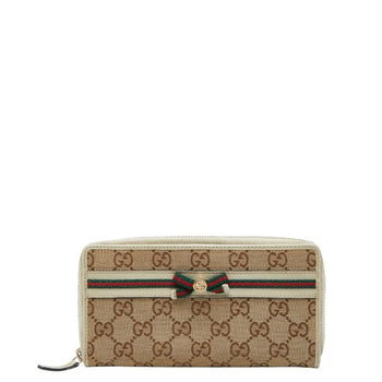 Gucci Gg Canvas Sherry Line Ribbon Round Zip Long Wallet 257003 Beige Multicolor Leather