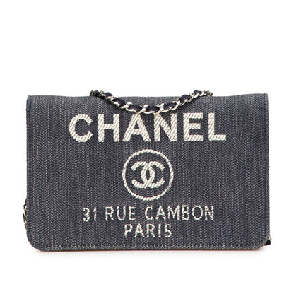 Chanel Deauville Chain Wallet A80795 Navy White Denim Leather