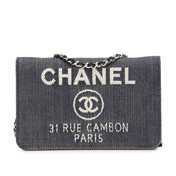 Chanel Deauville Chain Wallet A80795 Navy White Denim Leather