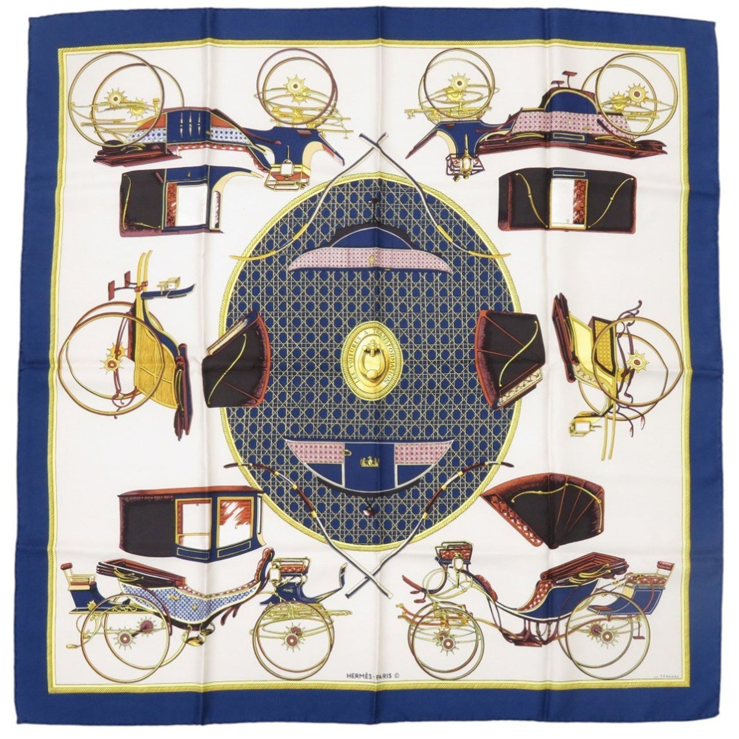 Herms Carr 90 "Les Voitures A Transformation" Folding Covered Wagon Silk Blue Scarf Muffler 0117