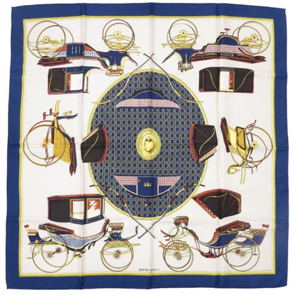Herms Carr 90 "Les Voitures A Transformation" Folding Covered Wagon Silk Blue Scarf Muffler 0117
