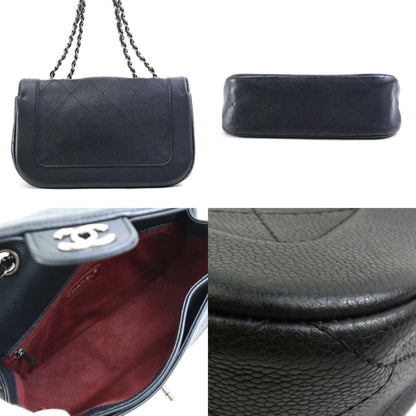 Chanel Shoulder Bag Caviar Skin Leather Black Silver