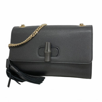 Gucci Bamboo Shoulder Bag 387611 Leather Black Champagne