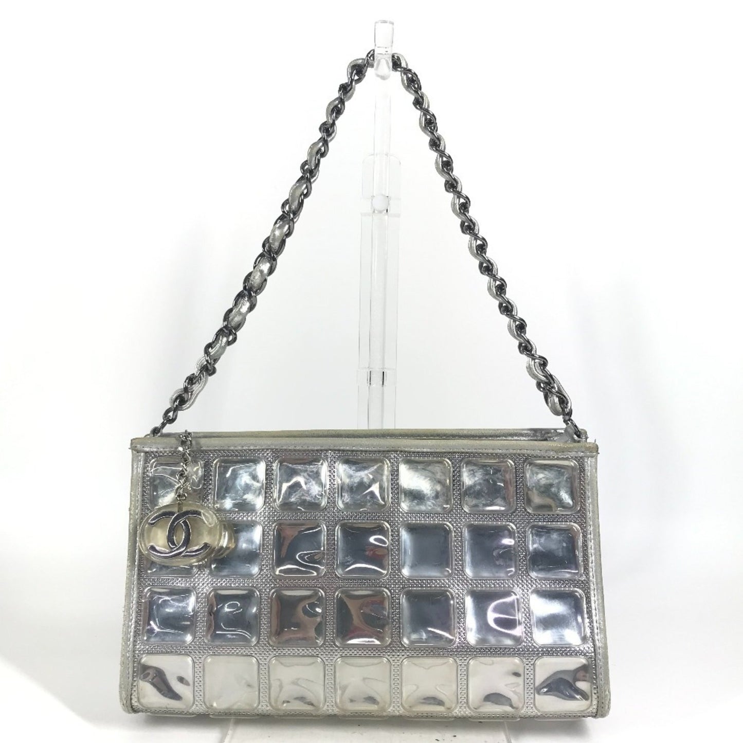 Chanel Cc Coco Mark Logo Ice Cube Chain Shoulder Bag In Silver Leather