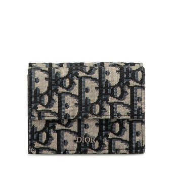 Christian Dior Dior Oblique Tri-Fold Wallet Navy Beige Canvas Leather