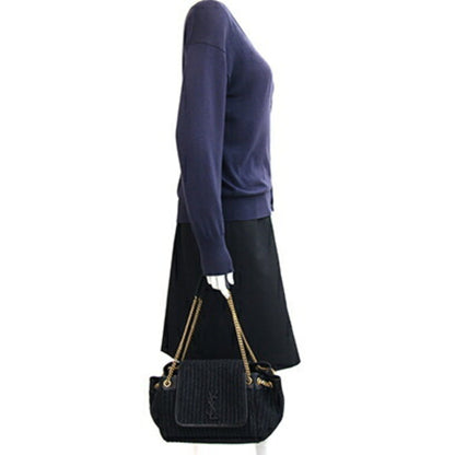 Saint Laurent Nolita Handbag 607465 Black Raffia Leather Chain Shoulder Bag