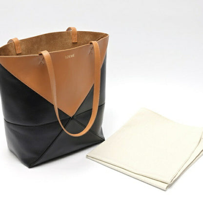 Loewe Puzzle Fold Tote Shiny Calf Leather Black Camel T-159146