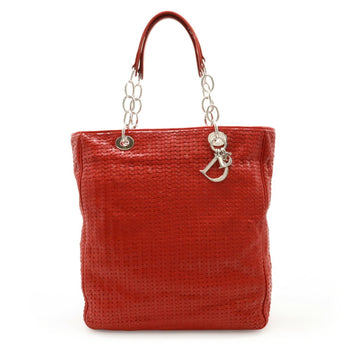 Christian Dior Intrecciato Lady Tote Bag Shoulder Leather Red