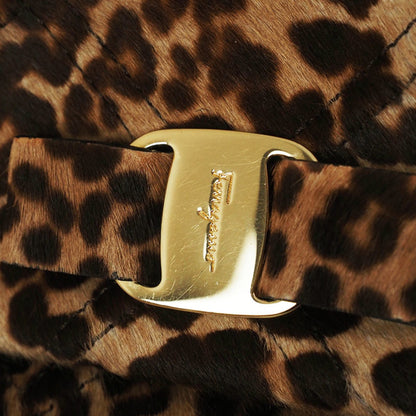 Salvatore Ferragamo Pony Leopard Print Vara Ribbon Chain Shoulder Bag Brown Au-21/E767