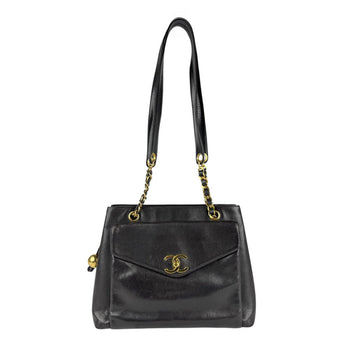 Chanel Shoulder Bag Leather Metal Black Gold