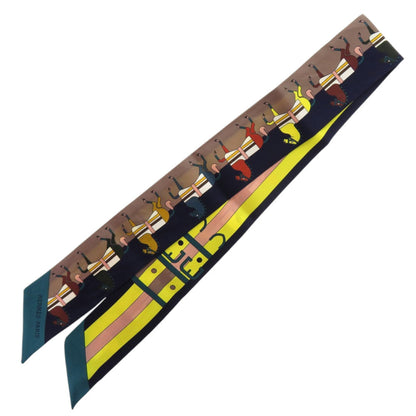 Herms Twilly Rocabar Horse Print Scarf/Muffler In Silk Marine Jaune Vif Vert 0169 Hermes