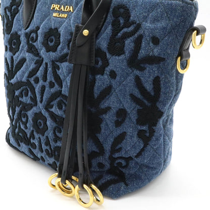 Prada Prada Corsaire Handbag Shoulder Bag Embroidery Quilted Denim Leather Bleu Blue Purchased At