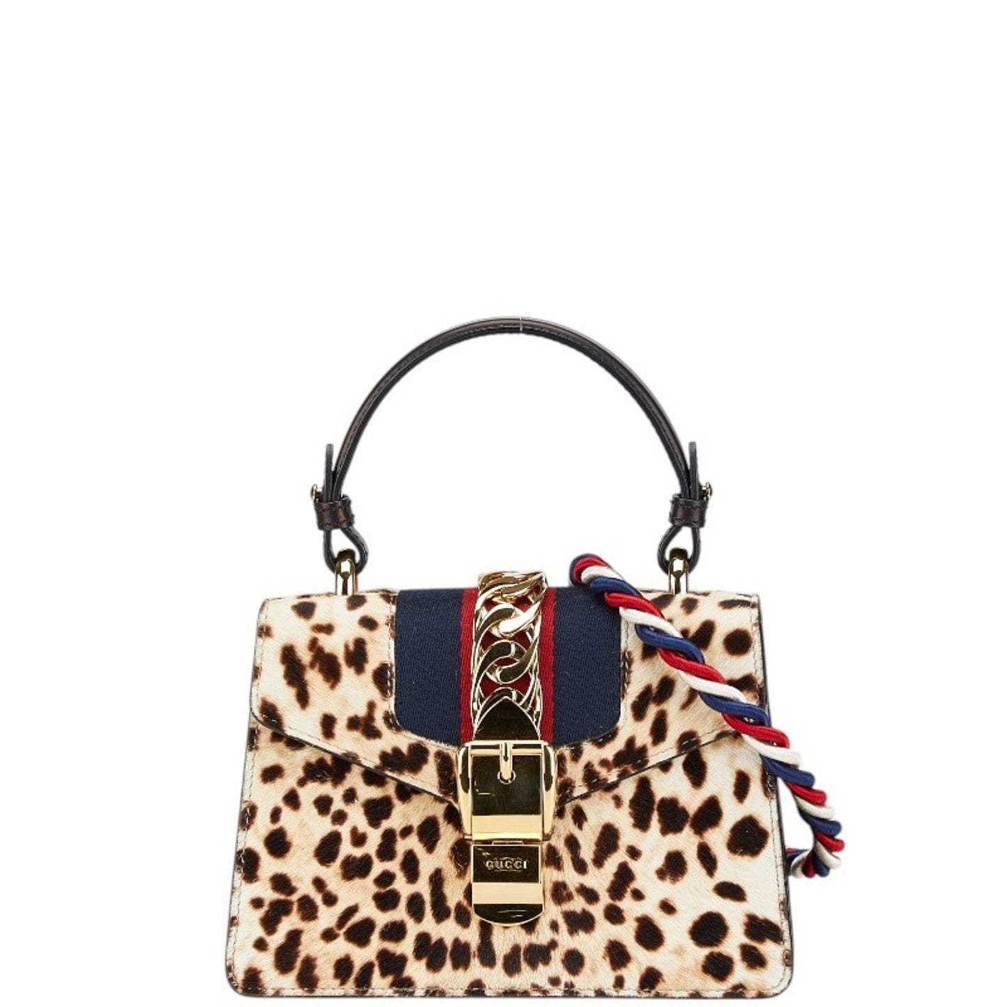 Gucci Sherry Line Sylvie Leopard Mini Handbag Shoulder Bag 470270 Beige Brown Pony Leather